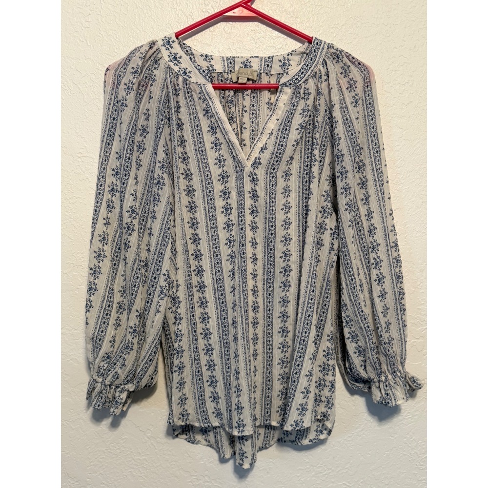 Chenault Blue White Floral Stripe V-Neck Blouse Ruffle Cuff Medium 2230H1351